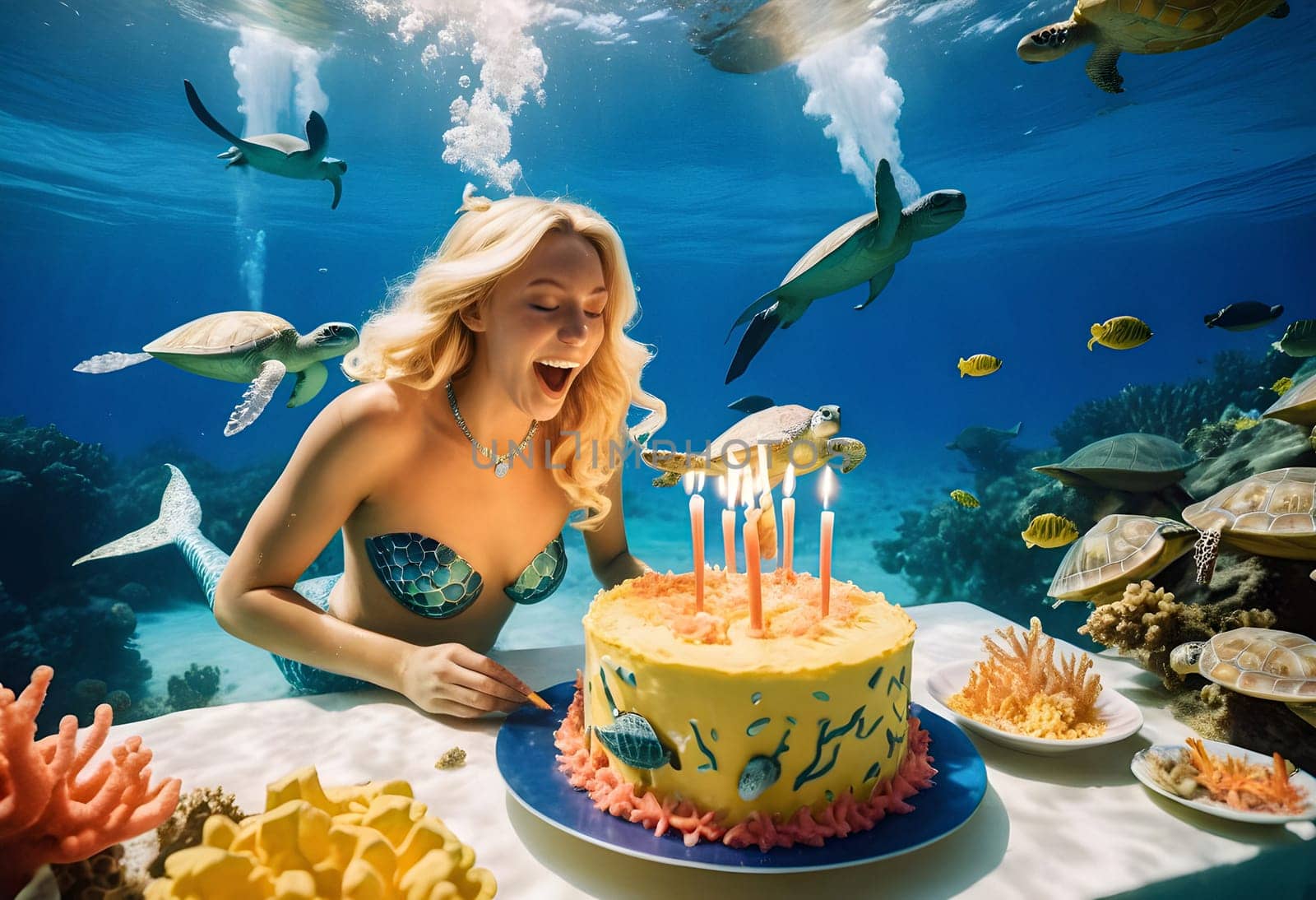 AI generated of a blonde woman in a mermaid swimsuit costumes is sitting on a table with a cake and blowing candles
