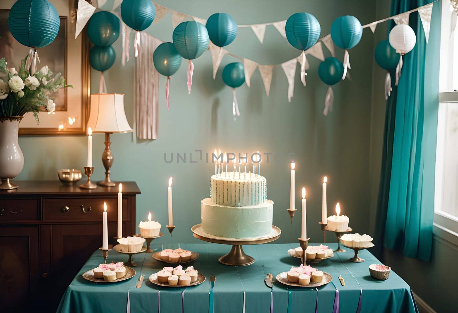 AI generated of a birthday party with candles, balloons, birthday decorations and a birthday cake on the table