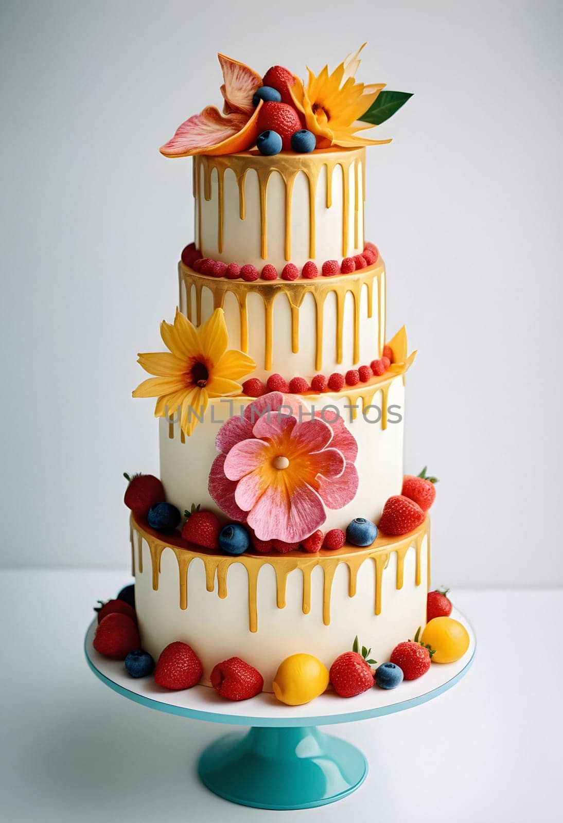 AI generated of a three tiered wedding cake with fruits, flowers and berries on top