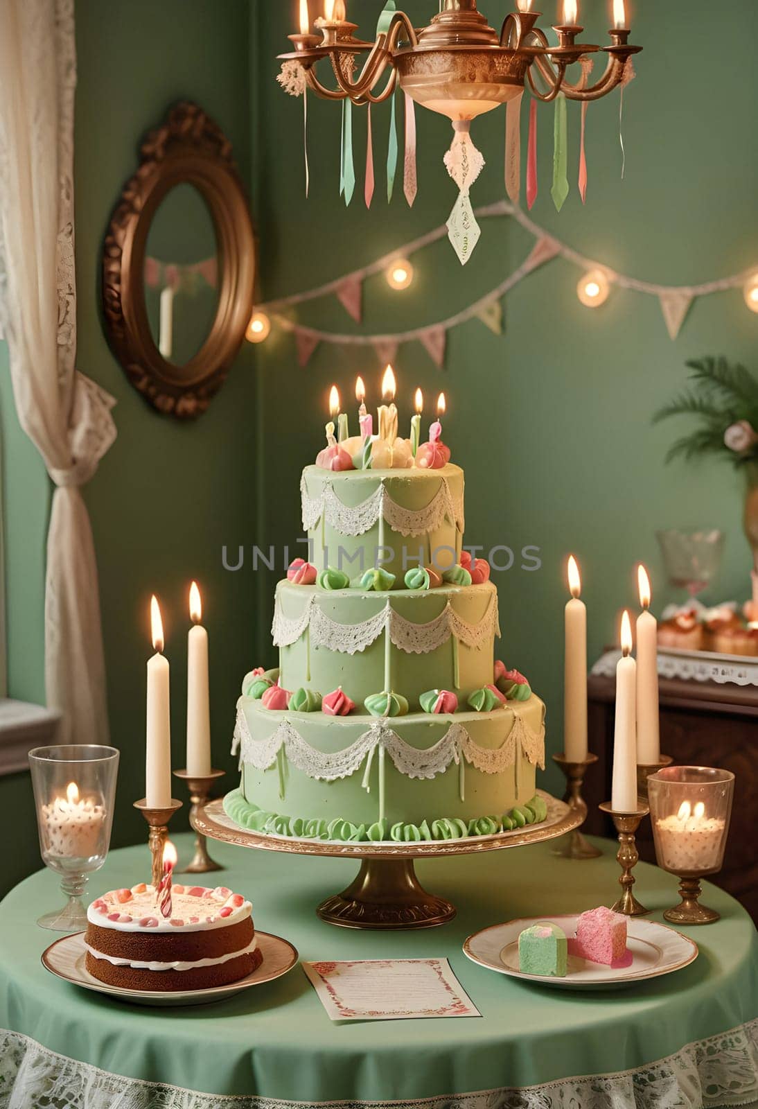 AI generated of a green cake on a green table with candles and birthday decorations