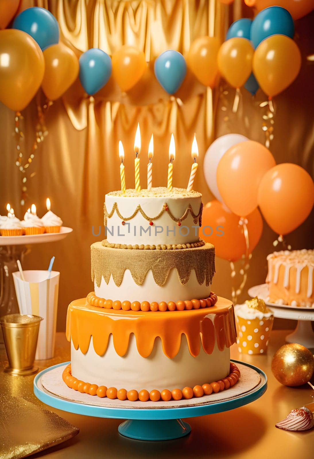 AI generated of a birthday cake with balloons, candles, birthday party decorations on it