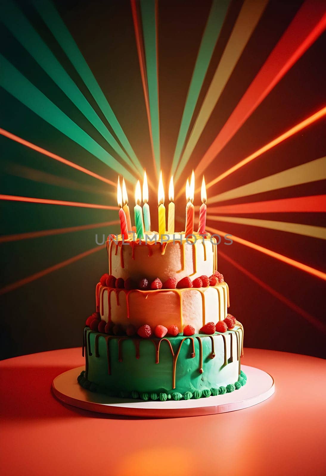 AI generated of a birthday cake with candles on it and laser lights on the background