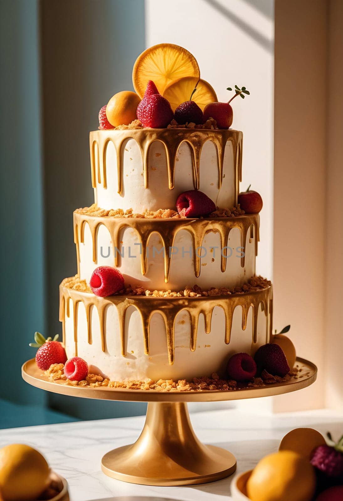 AI generated of a three tiered cake with fruit on a stand