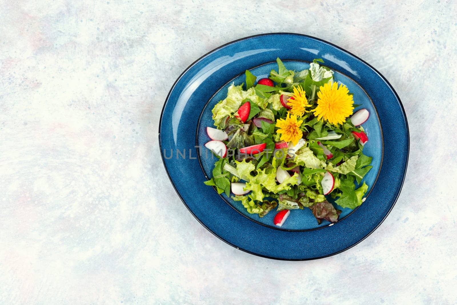 Spring salad of greens, radish and dandelions flowers on a plate.