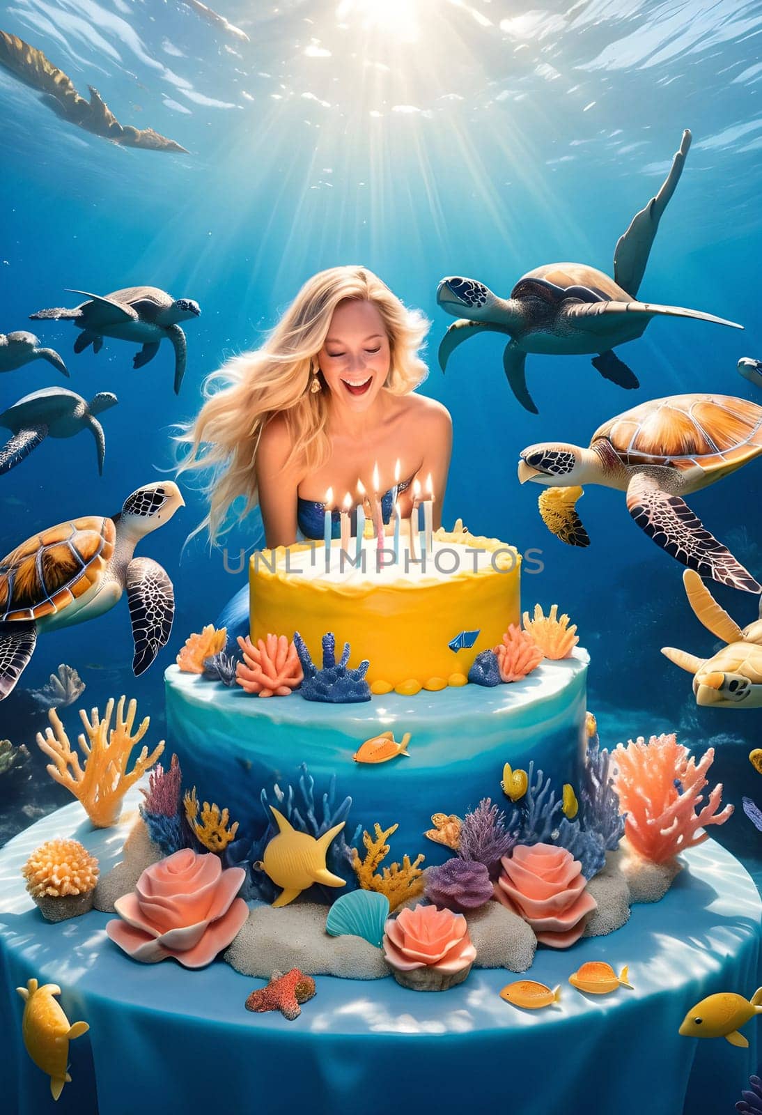 AI generated of a woman with red hair and a birthday cake in the ocean