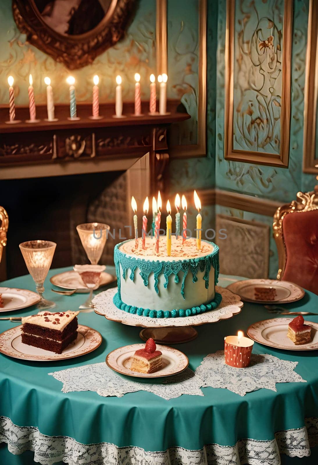 AI generated of a table with a cake and candles on it on vintage background scenery