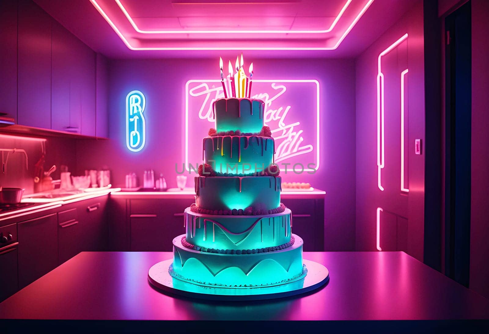 AI generated of a cake with neon lights on it in a kitchen