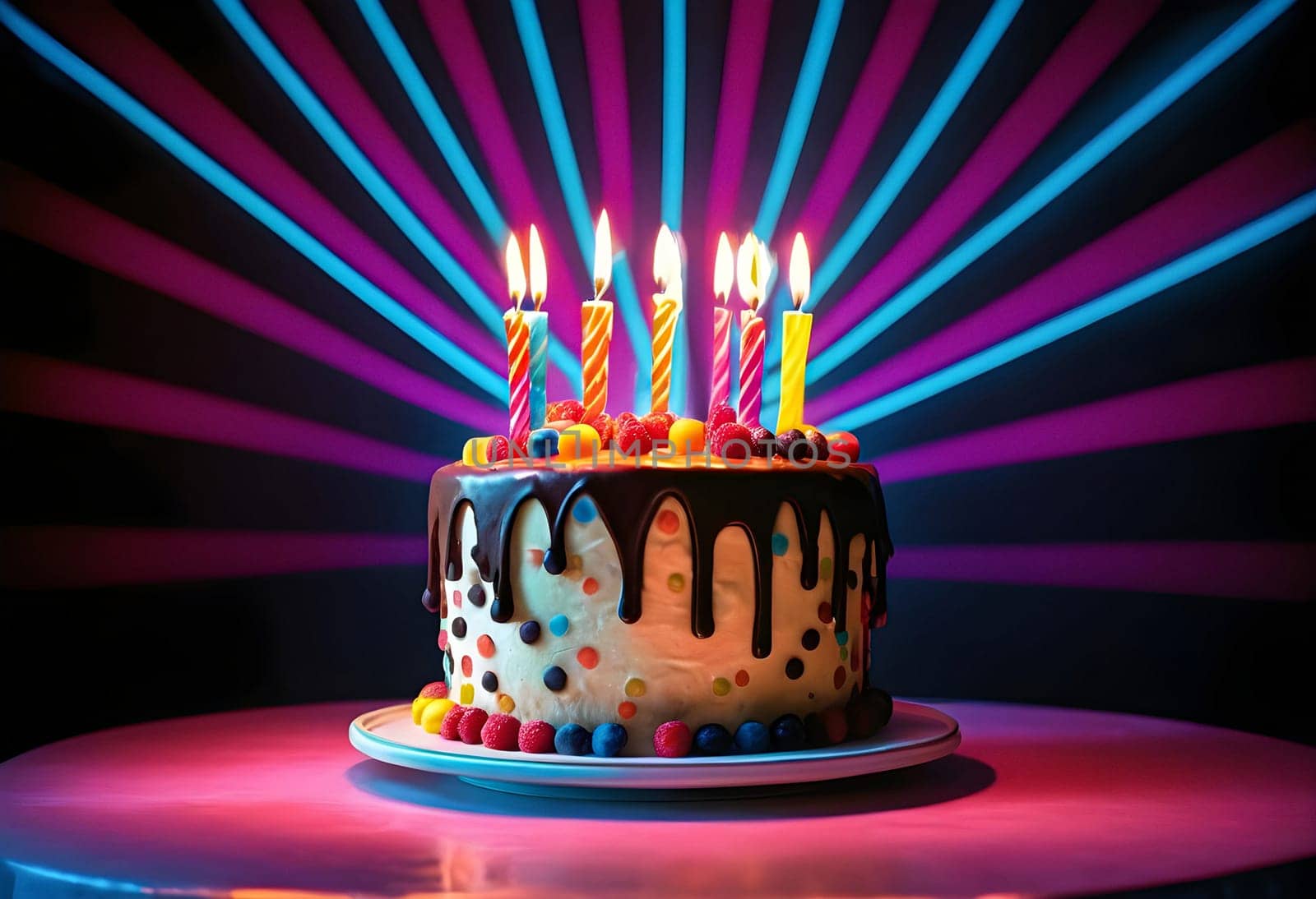 AI generated of birthday cake with candles on a table with colorful lights