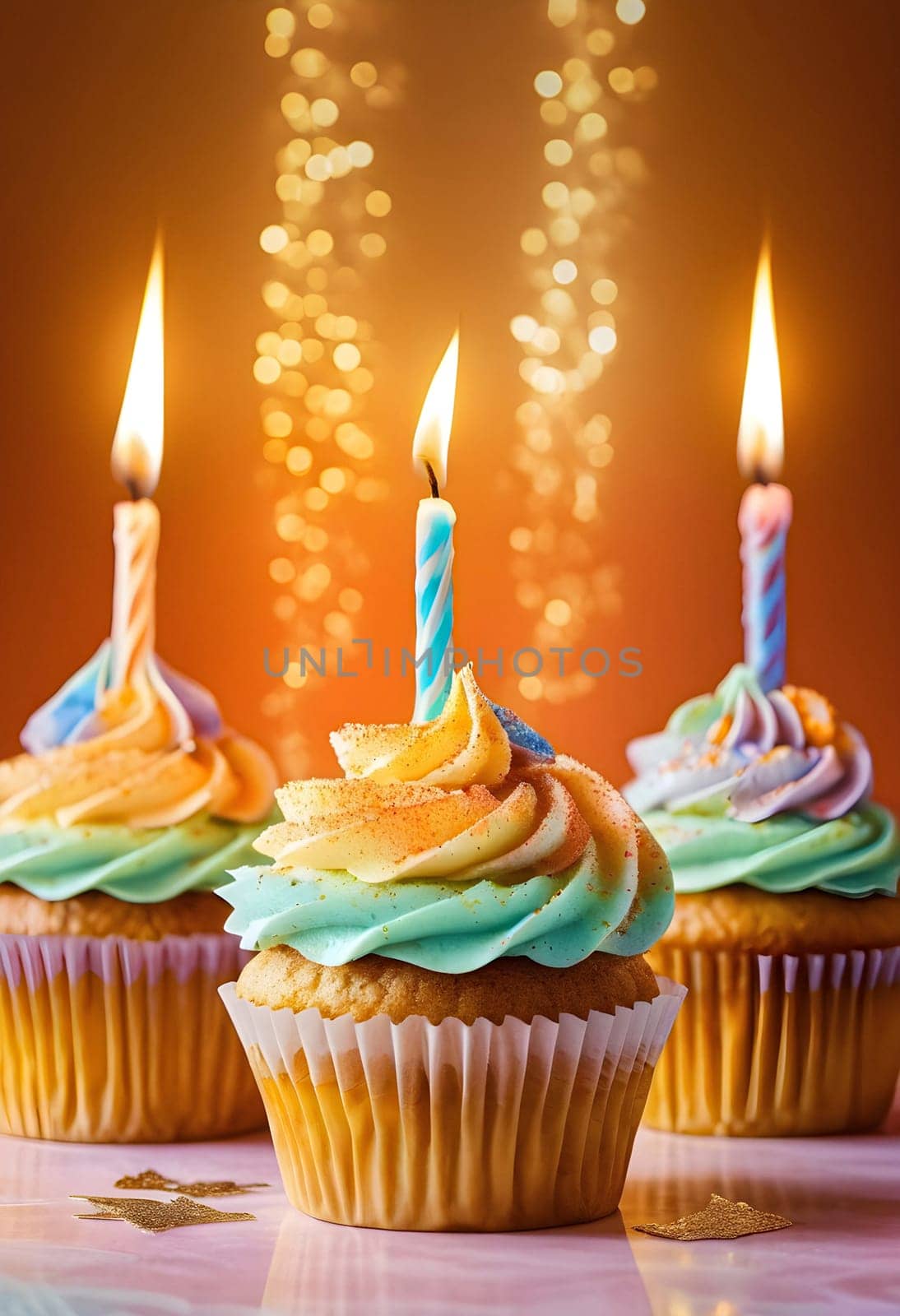 AI generated of three cupcakes with candles on them on the table with blurred bokeh background