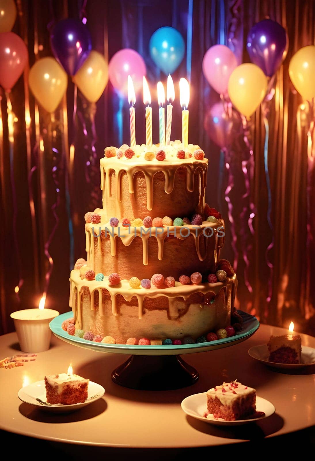 AI generated of a birthday cake with candles on a table with balloons and birthday party decoration on it