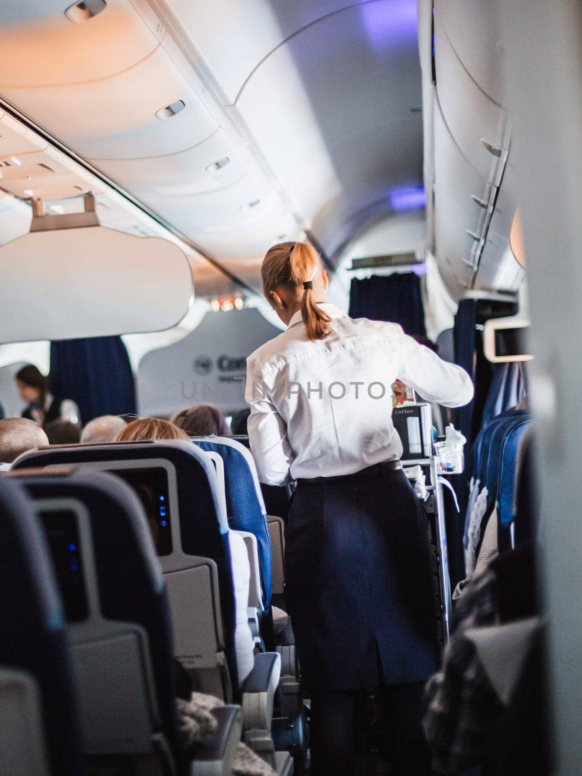 Interior of airplane with passengers on seats and stewardess in uniform walking the aisle, serving people. Commercial economy flight service concept