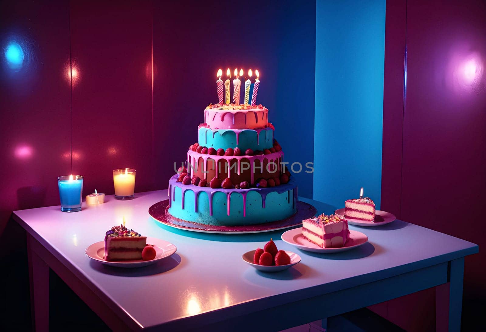 AI generated of a table with a birthday cake and candles on it