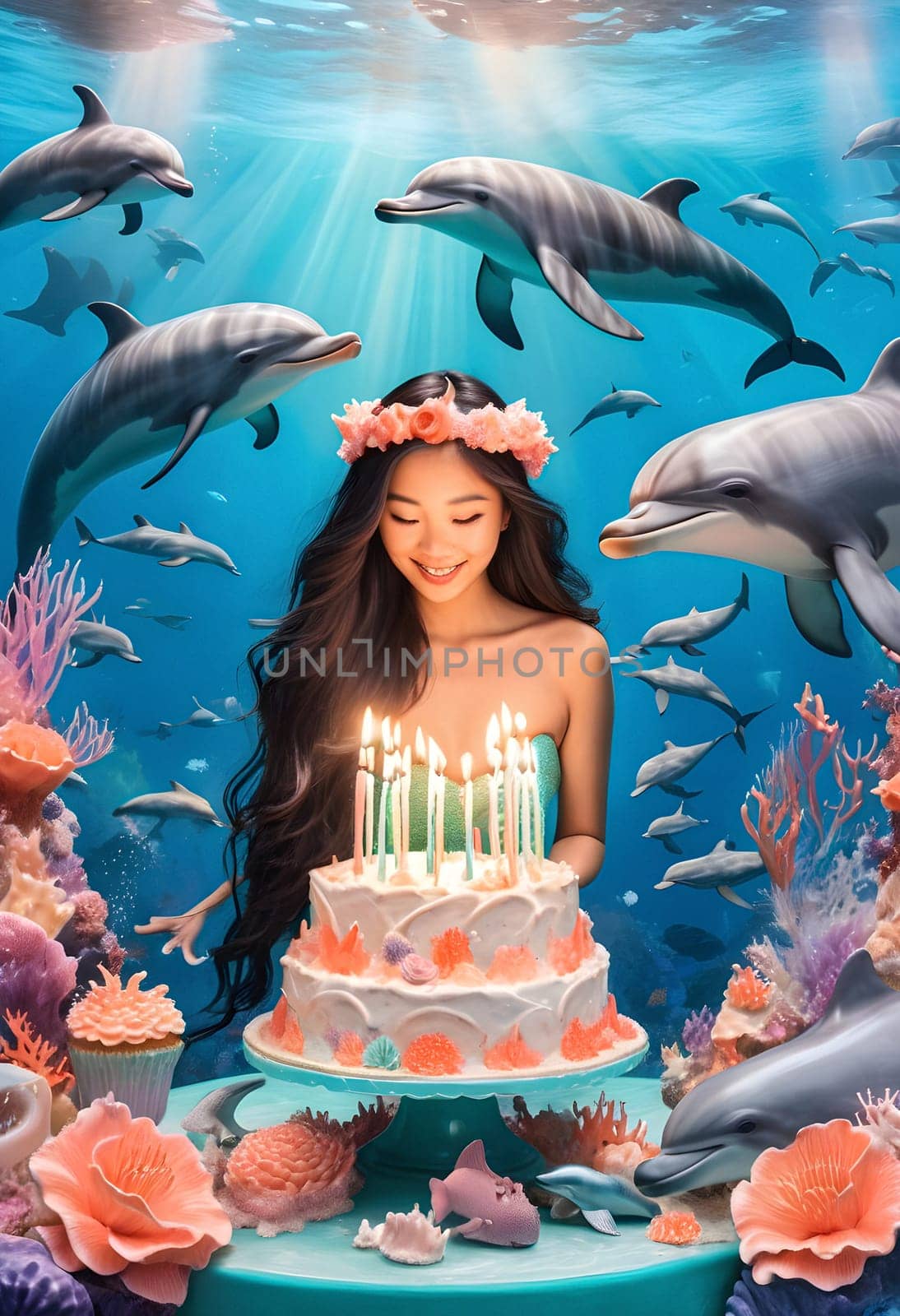 AI generated of a woman with a birthday cake surrounded by dolphins