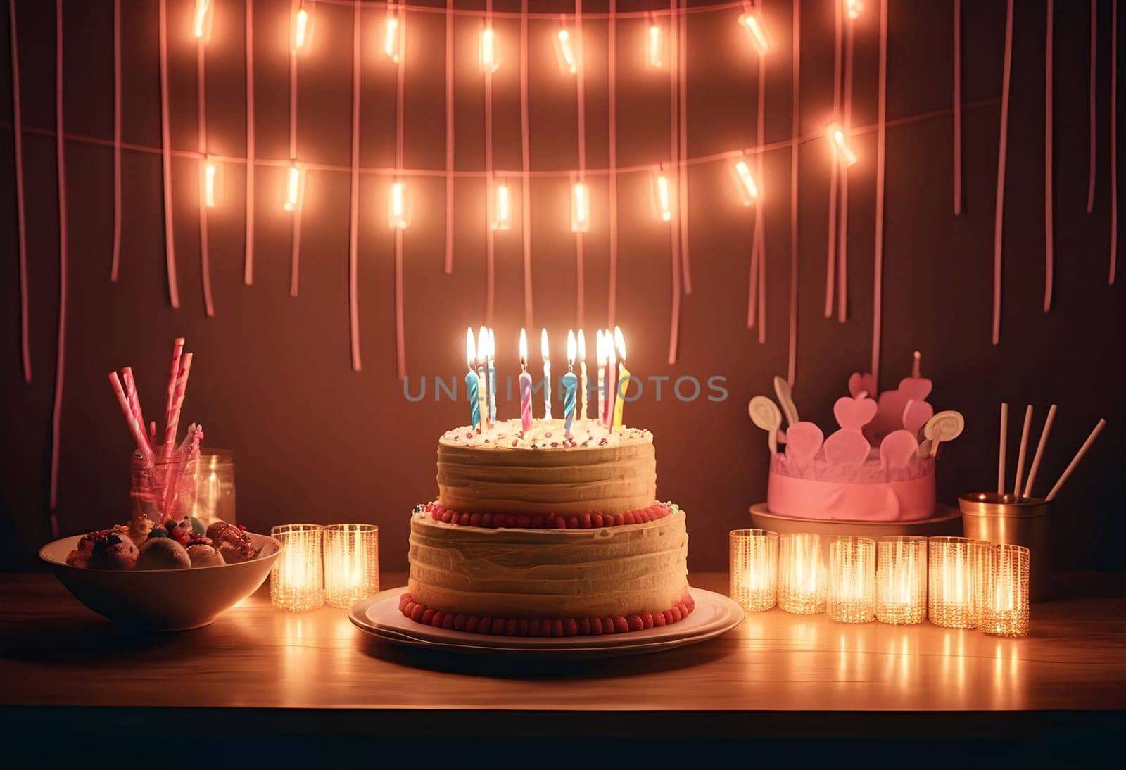 AI generated of a birthday cake with lit candles and candles on a table