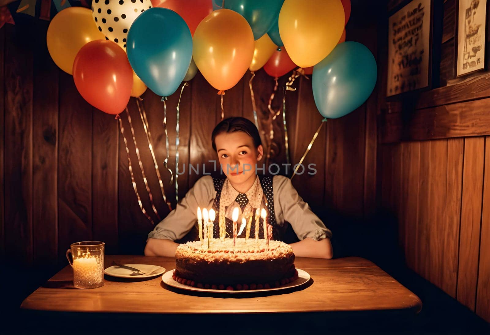 AI generated of a woman sitting at a table with balloons and a cake