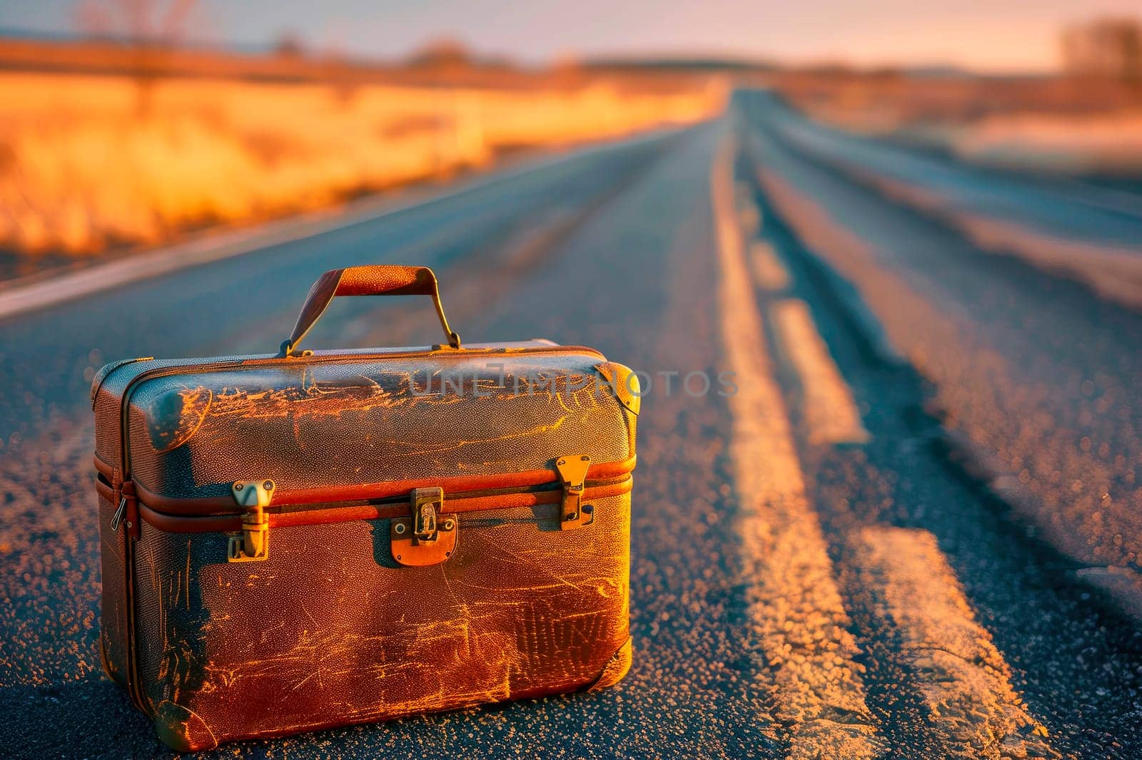 Suitcase on a deserted road, adventure and travel concept. AI generated