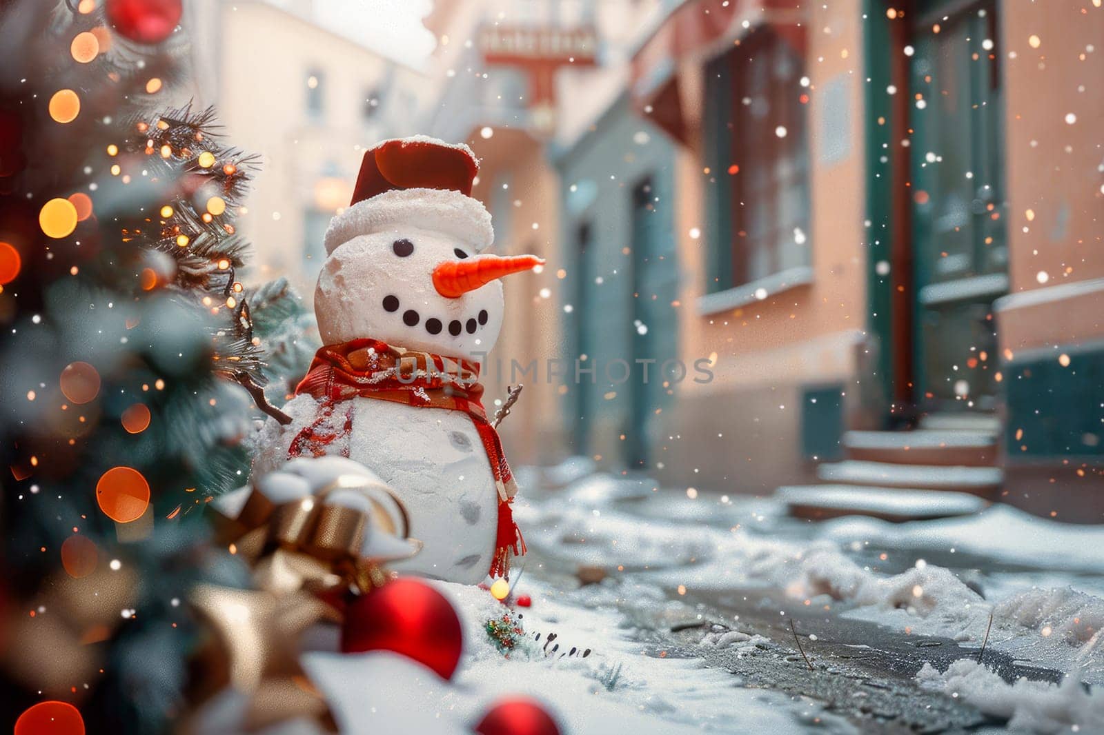 Christmas background. Merry Christmas and Happy New Year concept with Snowman standing on the street of winter town. AI generated
