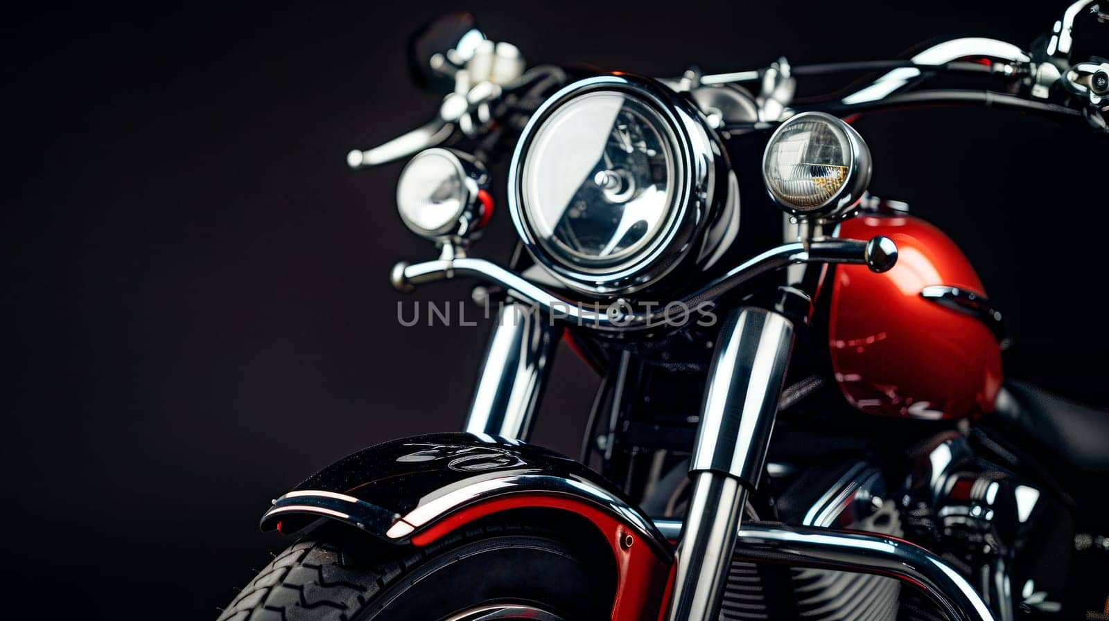Vintage motorcycle on a dark background, close-up view. AI generated