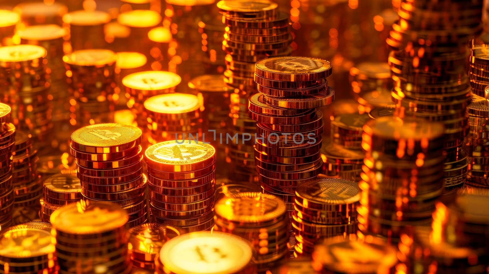 Stacks of Crypto currency Gold Bitcoin, BTC. Blockchain technology, bitcoin mining concept.  AI generated