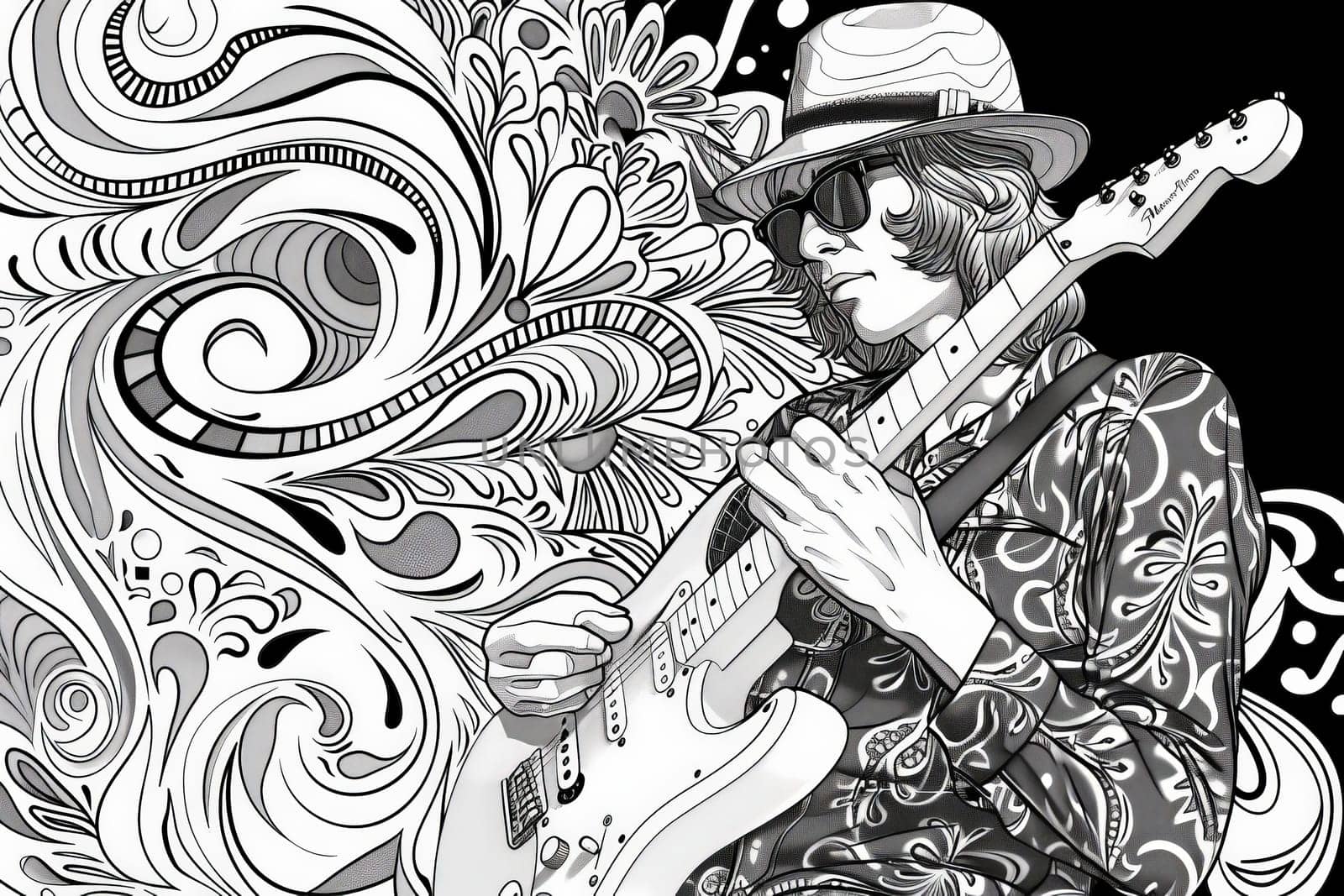 A stylish guitarist immersed in a sea of intricate floral patterns, evoking a sense of creative harmony.