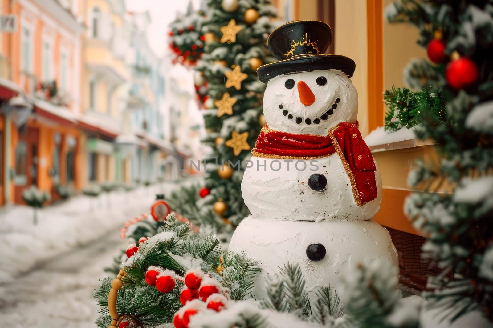 Christmas background. Merry Christmas and Happy New Year concept with Snowman standing on the street of winter town. AI generated