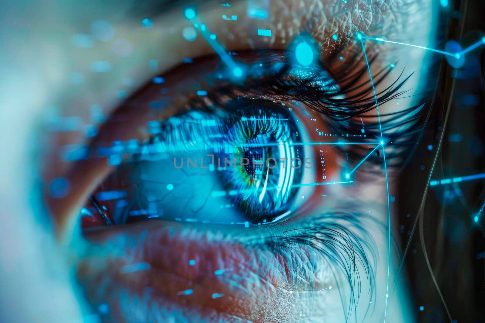 Close up of woman eye in process of scanning. AI generated