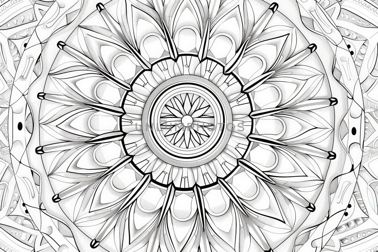 A detailed black and white drawing of a blooming flower, showcasing intricate patterns and textures in a harmonious composition.