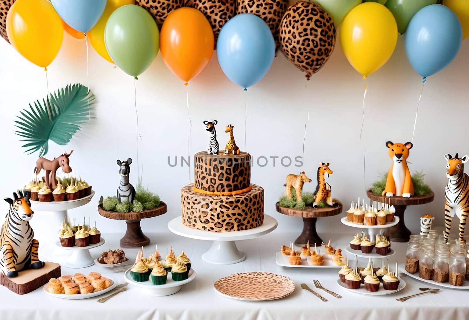 AI generated of a jungle themed birthday party with balloons and cake