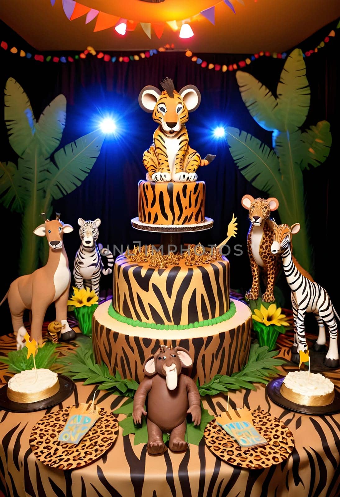 AI generated of a cake decorated with wildlife animals and a jungle theme
