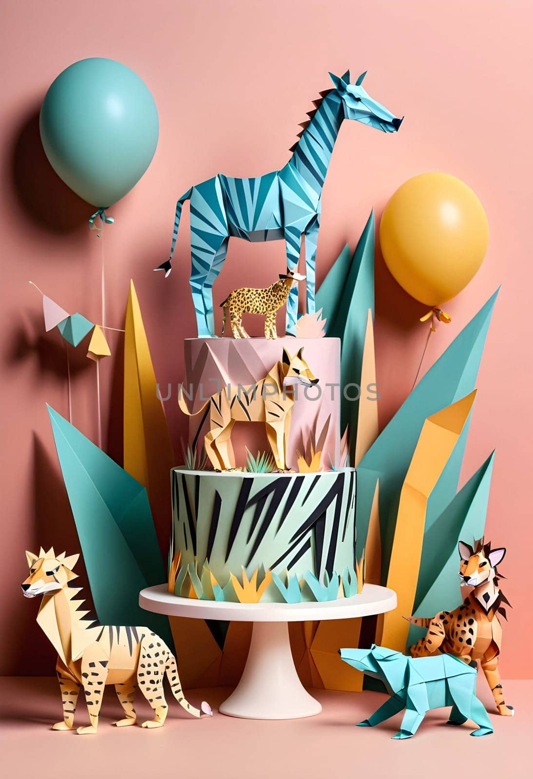 AI generated of a cake with paper animals and paper birthday decorations on it with balloons