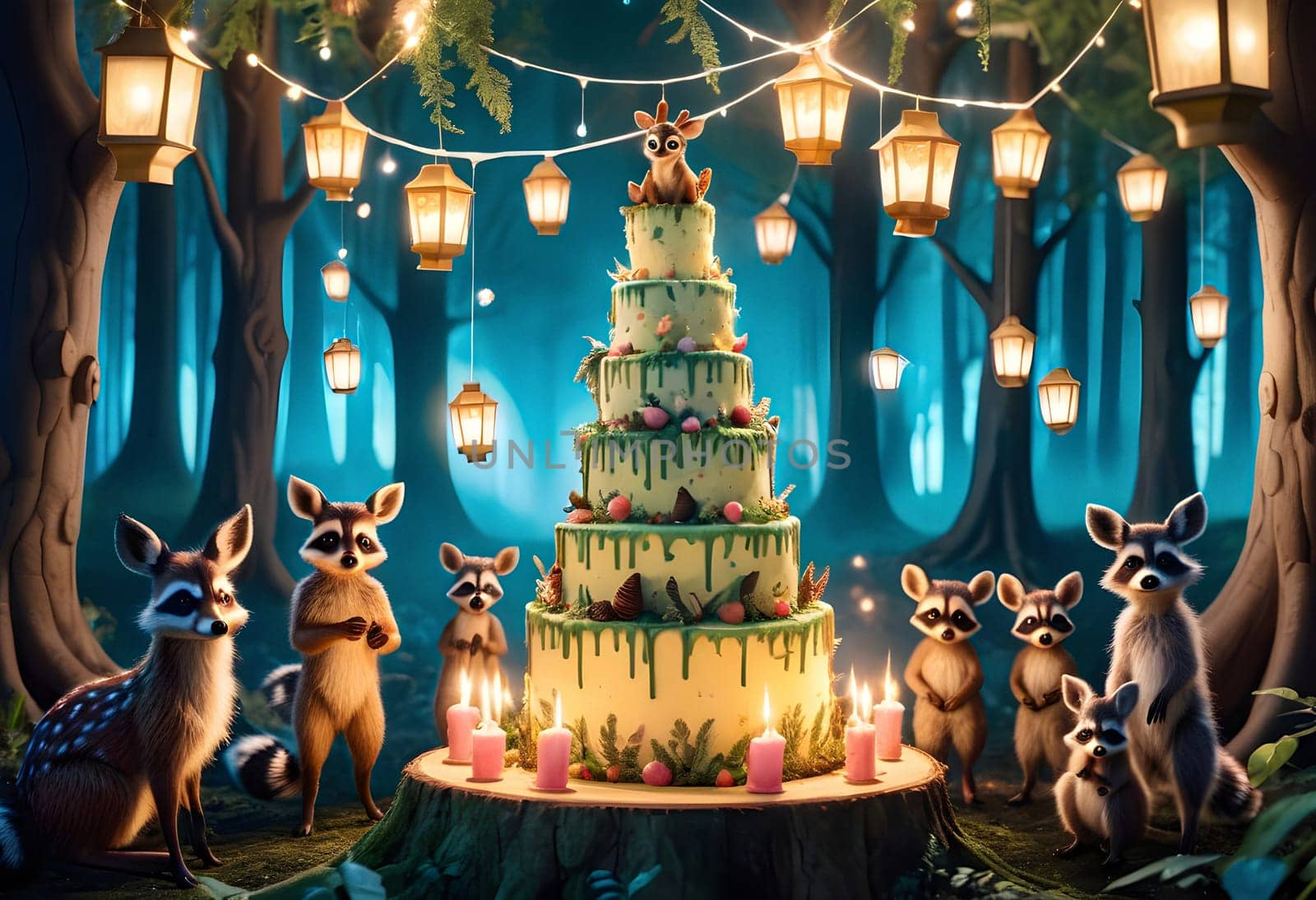 AI generated of a display of birthday cards with fox arround it on the echanted forest background