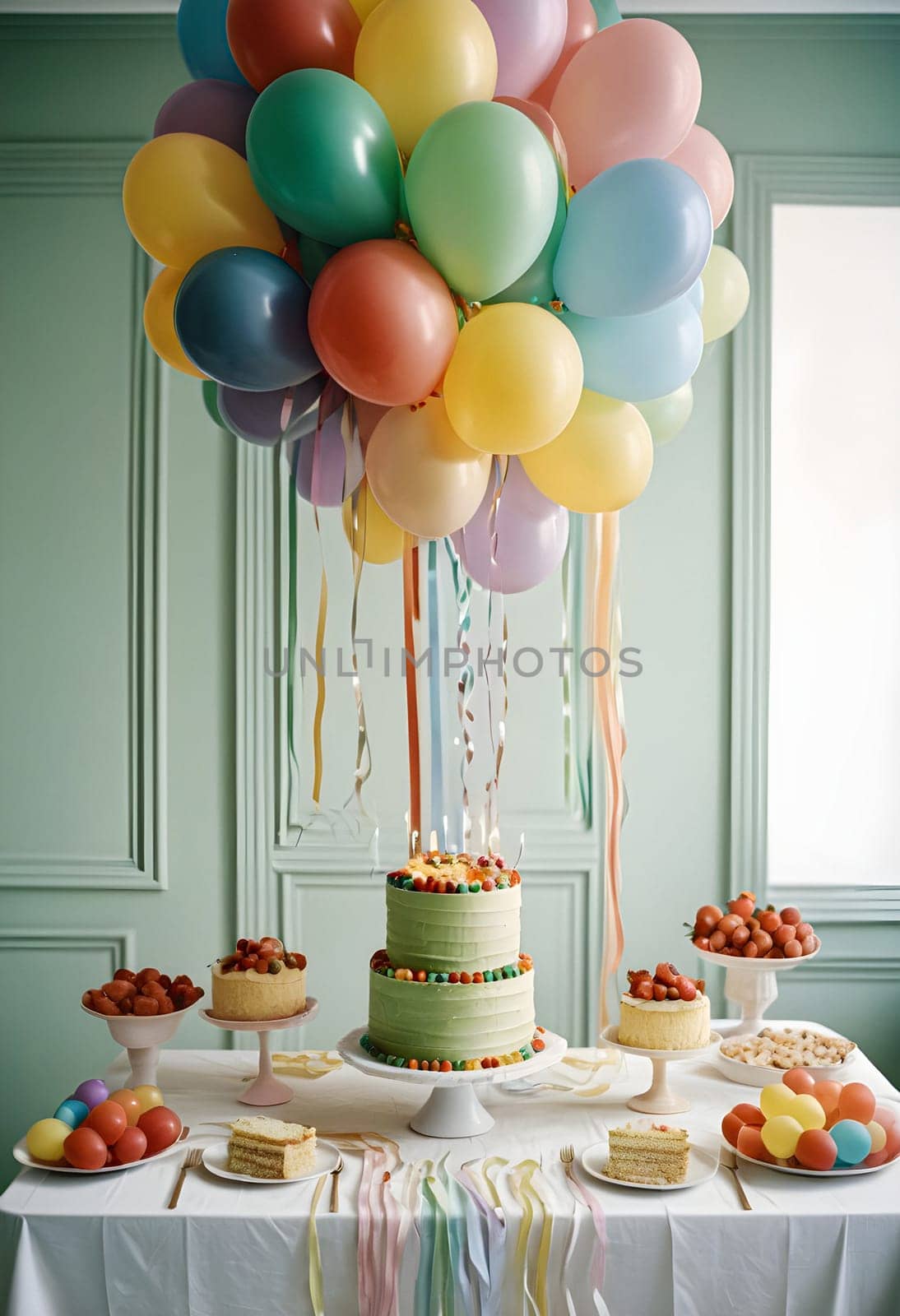 AI generated of a table topped with a birthday cake and rainbow colored balloons