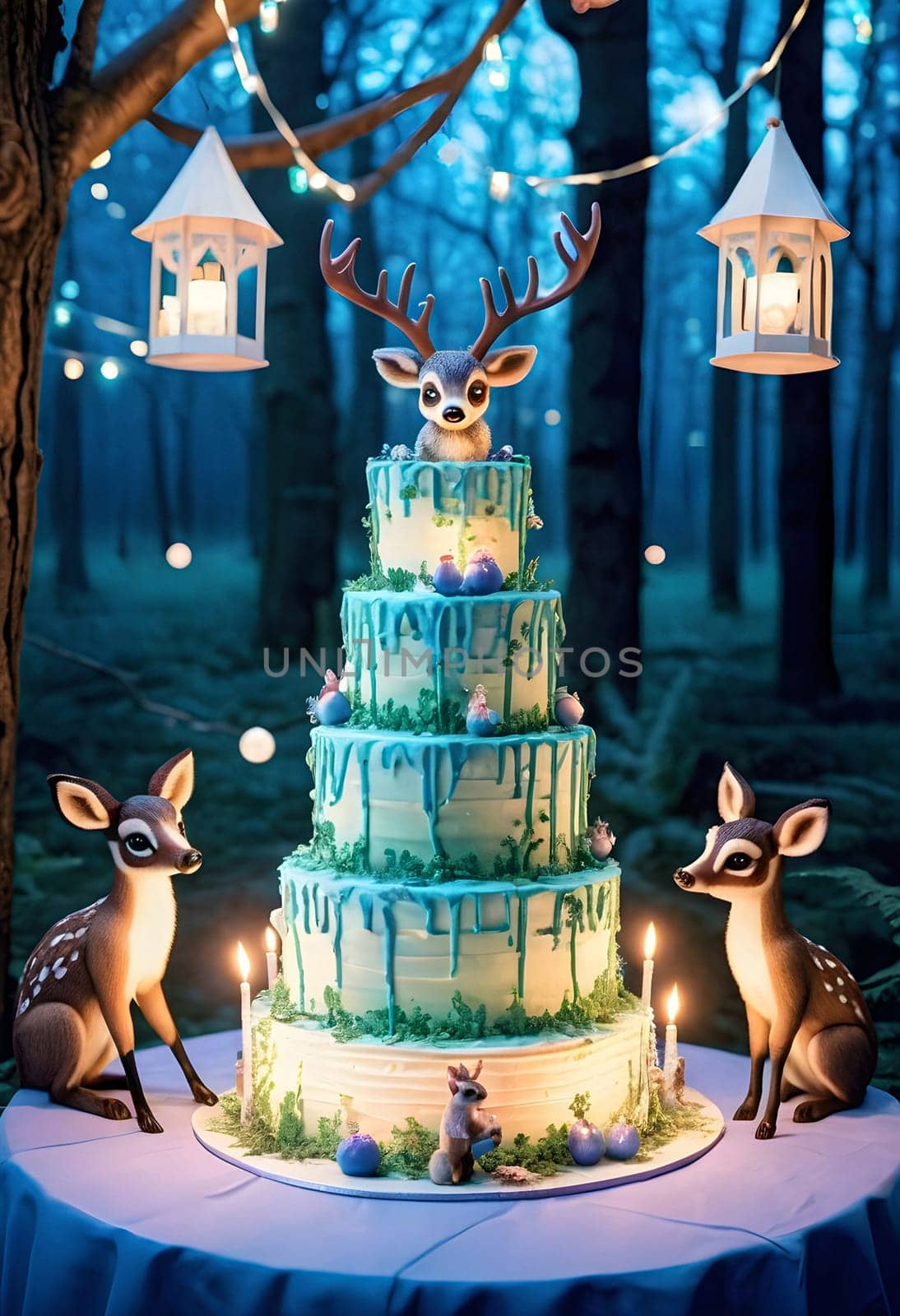 AI generated of a cake with deers and a deer statue on top in the enchanted forest