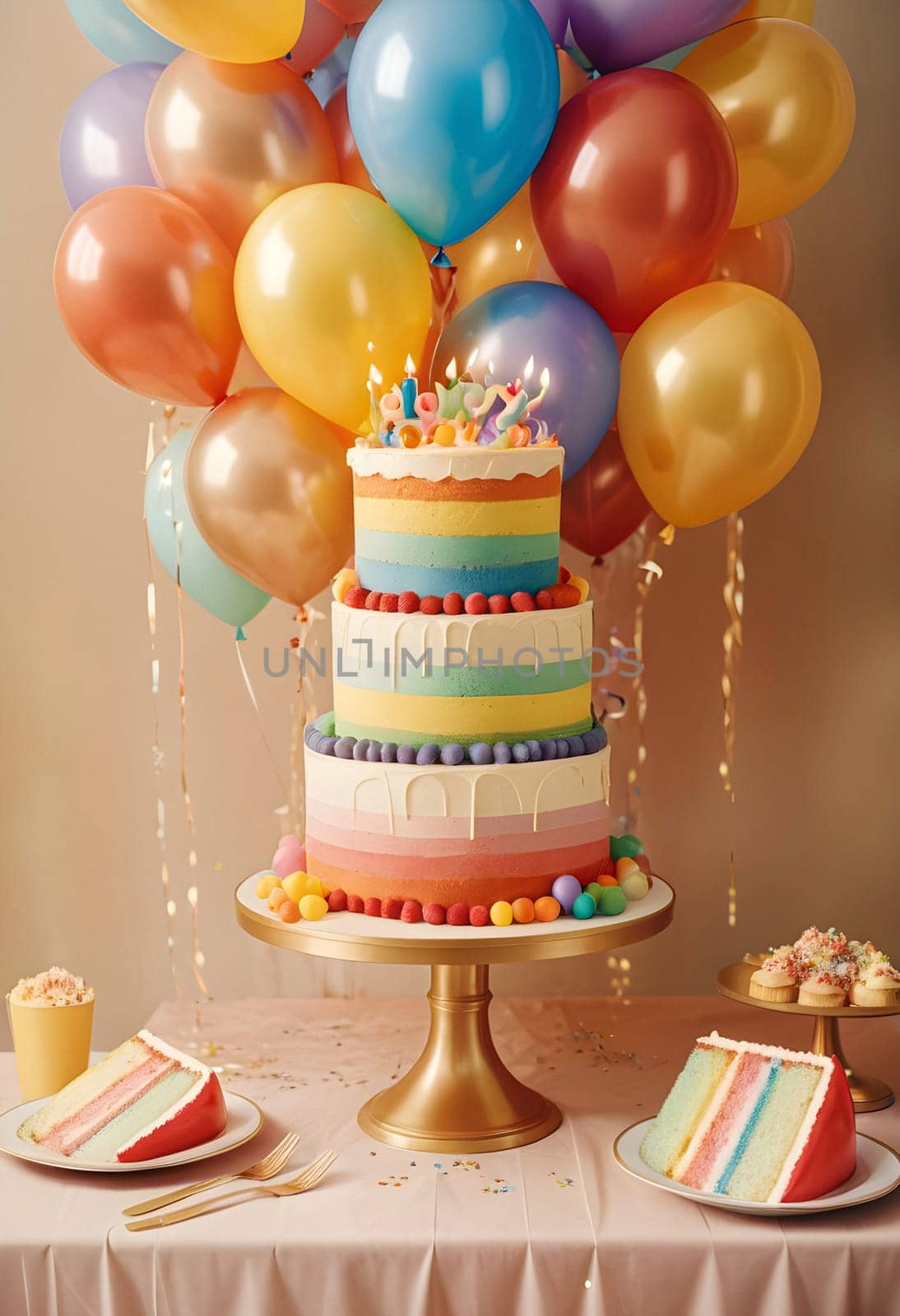 AI generated of a birthday cake with rainbow colored balloons on the top and decorations