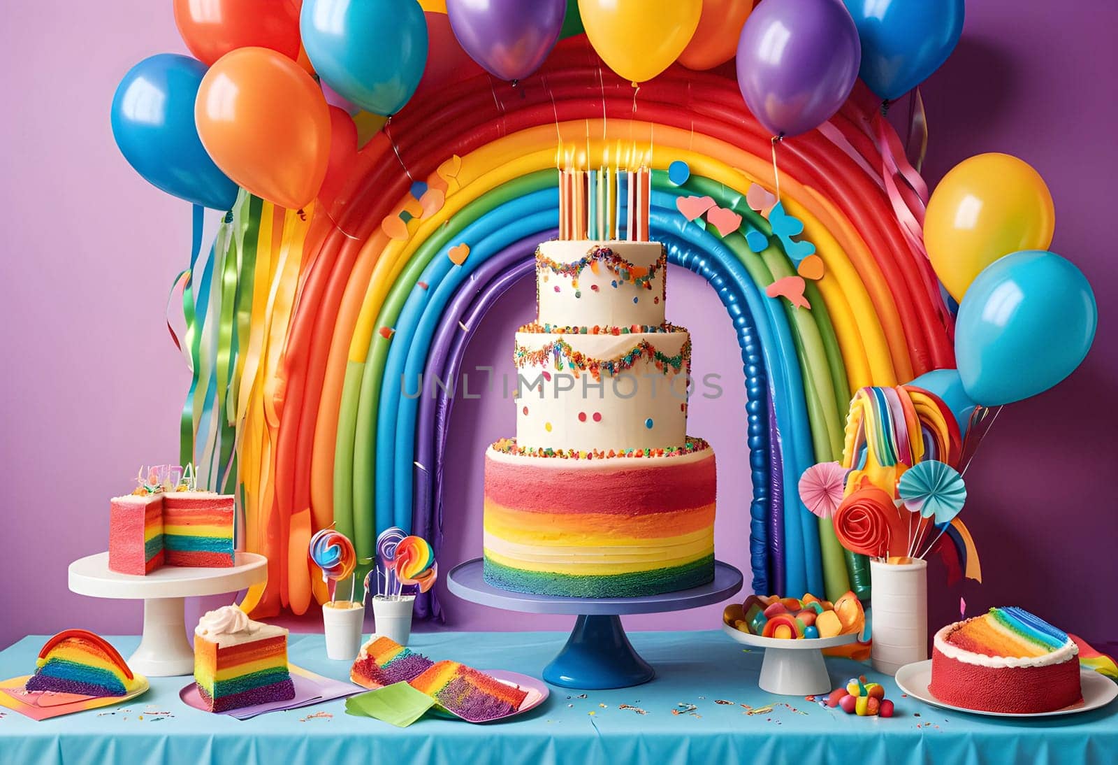 AI generated of a rainbow cake with balloons and a rainbow arch decoration in the background