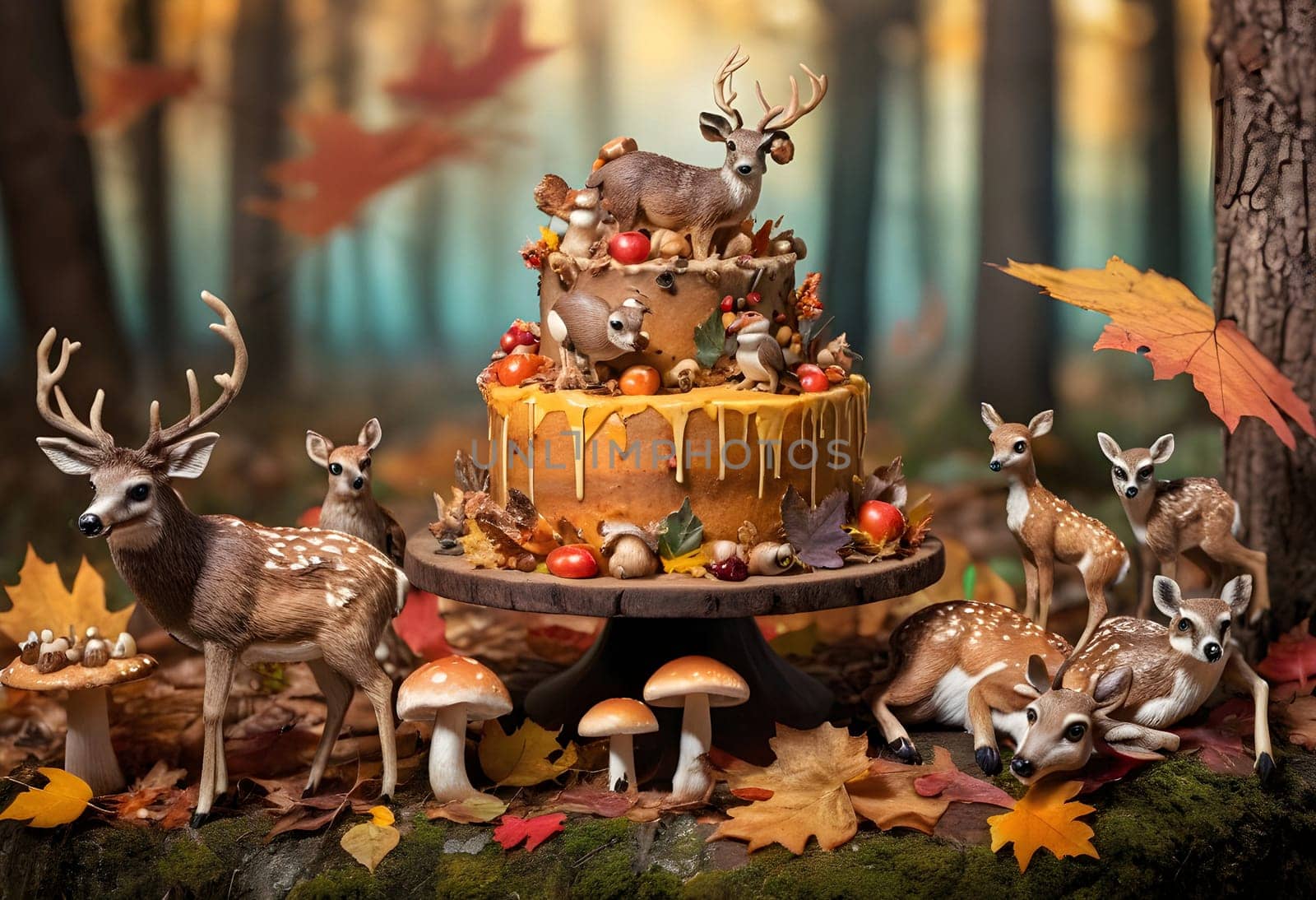 AI generated of a cake with deer and other animals on it
