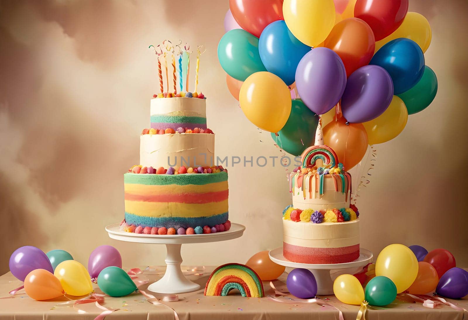 AI generated of two cakes with rainbow decorations, candles and balloons
