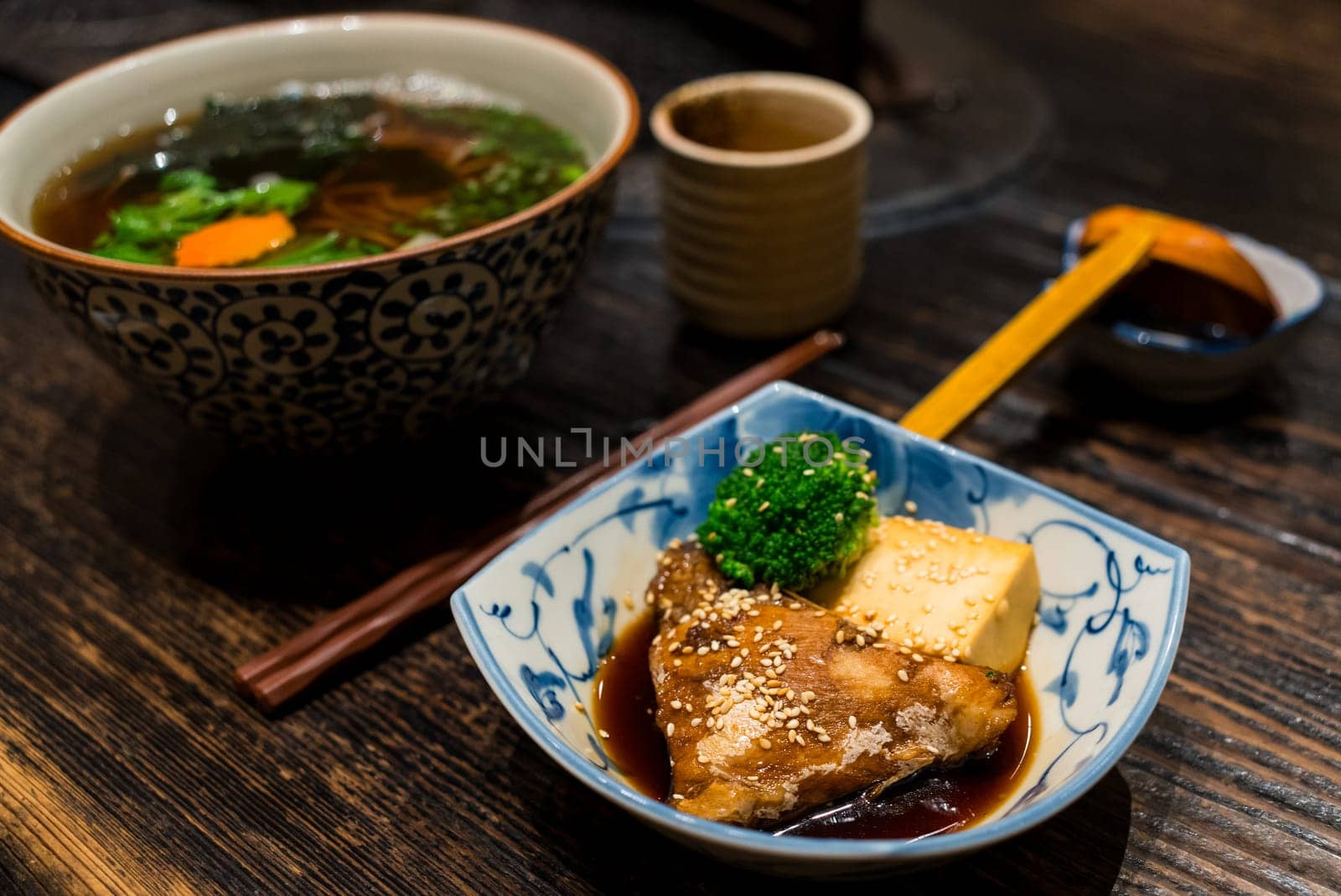 Japanese soba with soy sauce fish in Japanese restaurant