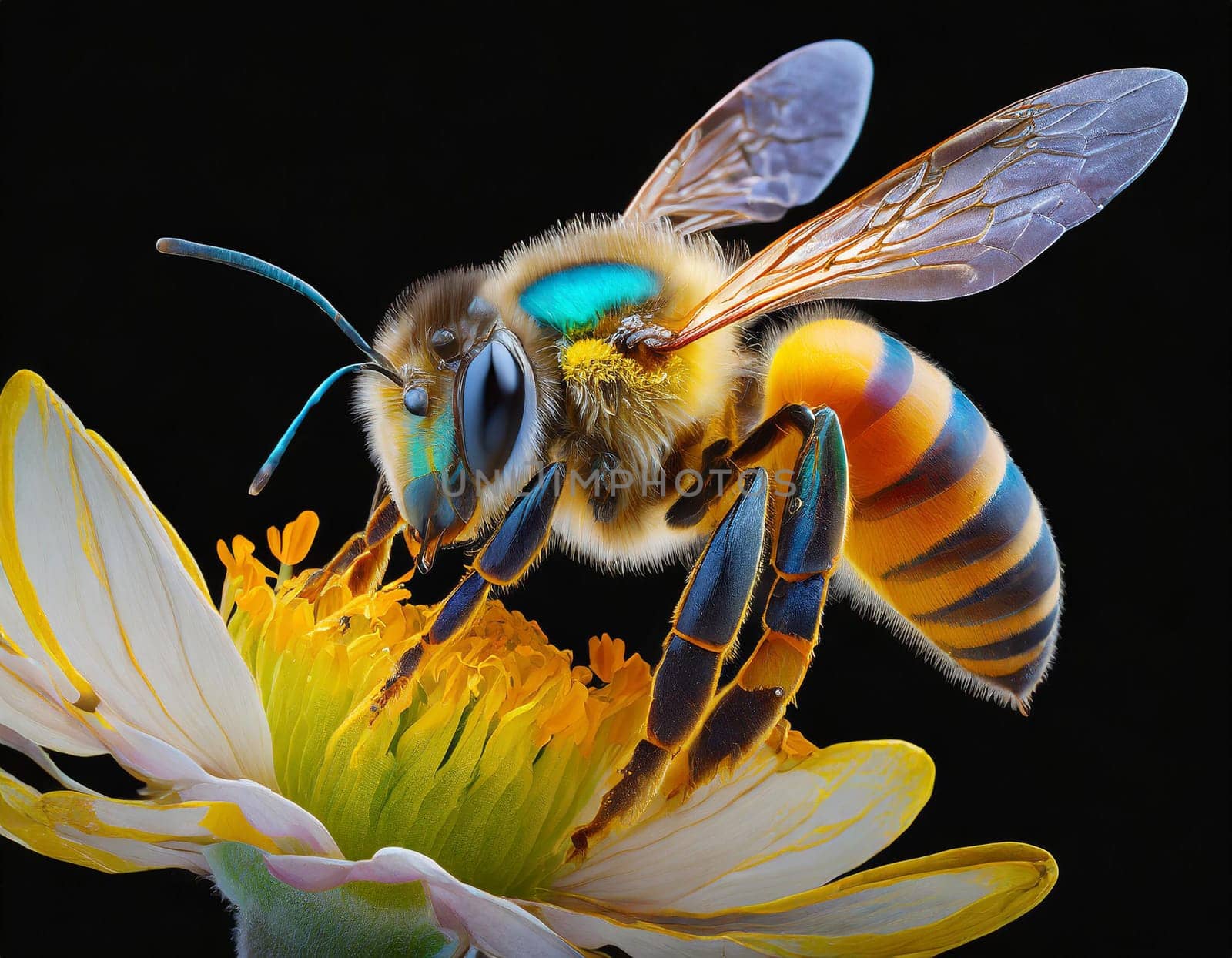 a stunning bee is flying, isolated on transparent background, macro