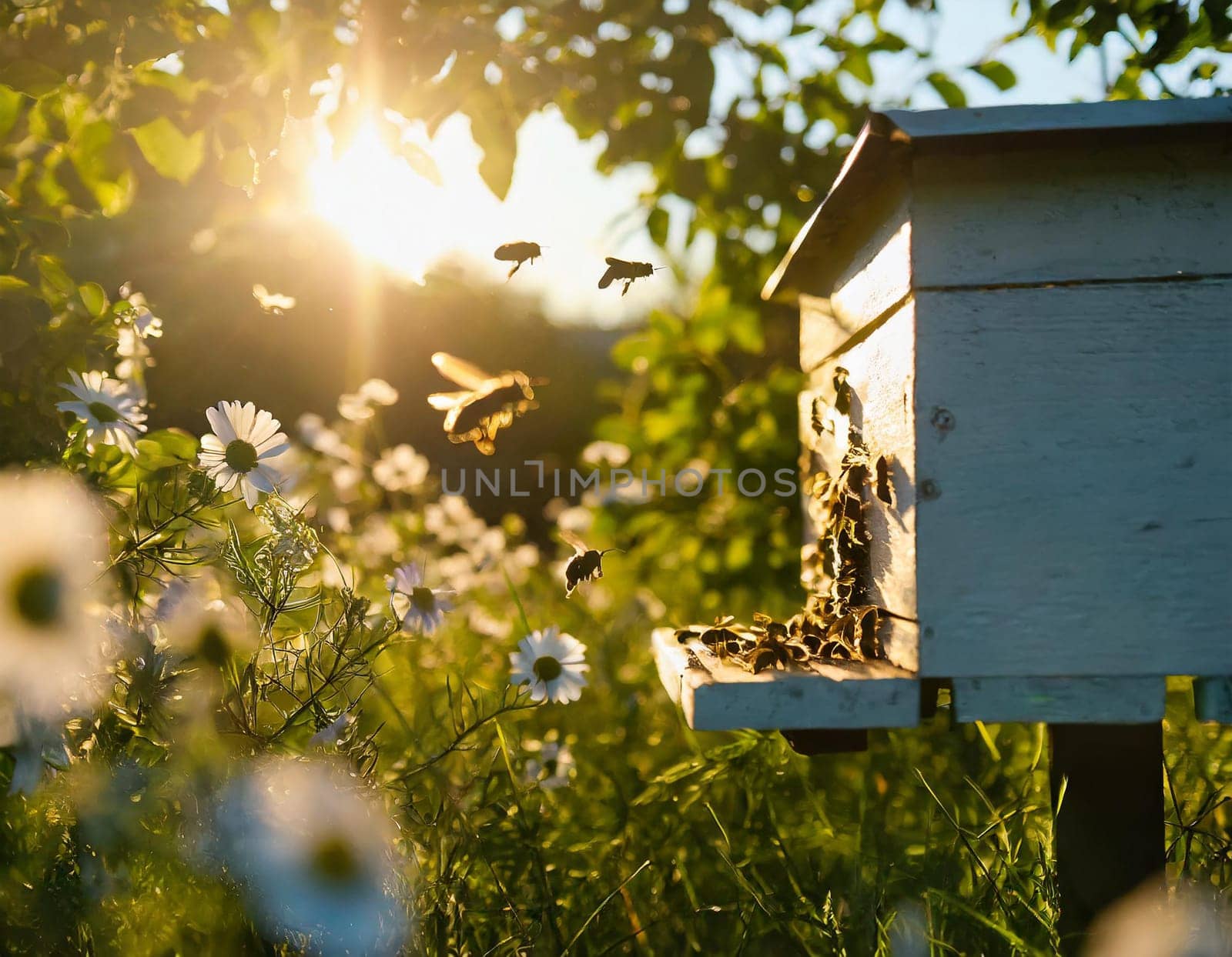 A swarm of bees flying around the hive after a day of collecting nectar from flowers