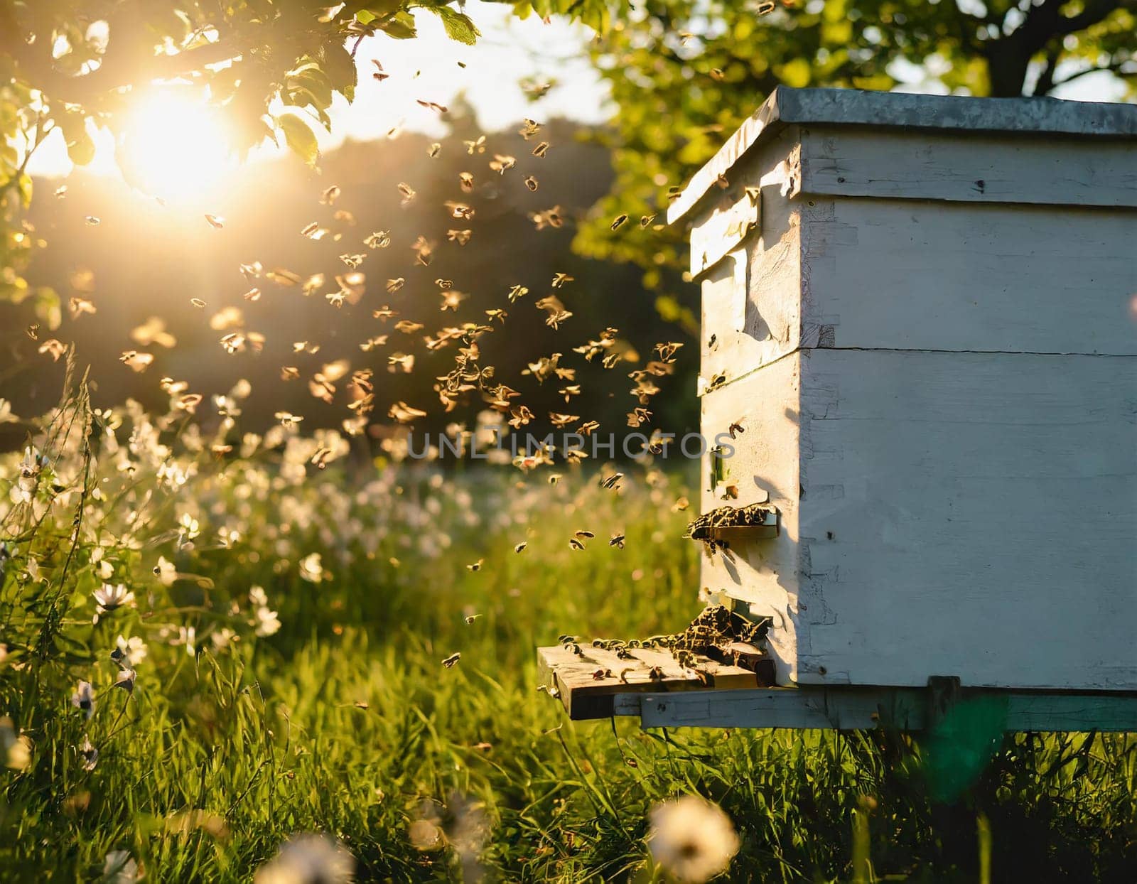A swarm of bees flying around the hive after a day of collecting nectar from flowers