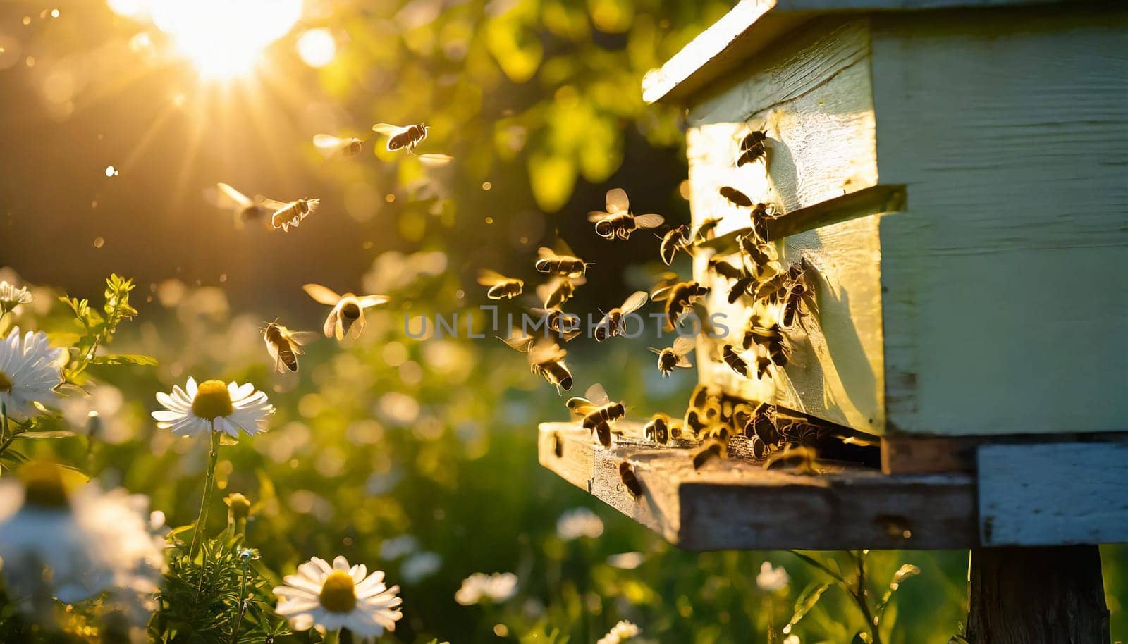 A swarm of bees flying around the hive after a day of collecting nectar from flowers