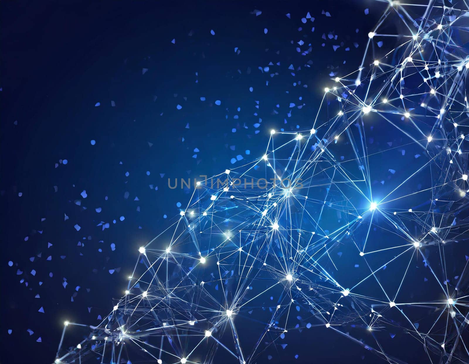 Abstract wireframe mesh with sparkling nodes and crumbling edges on a dark blue background
