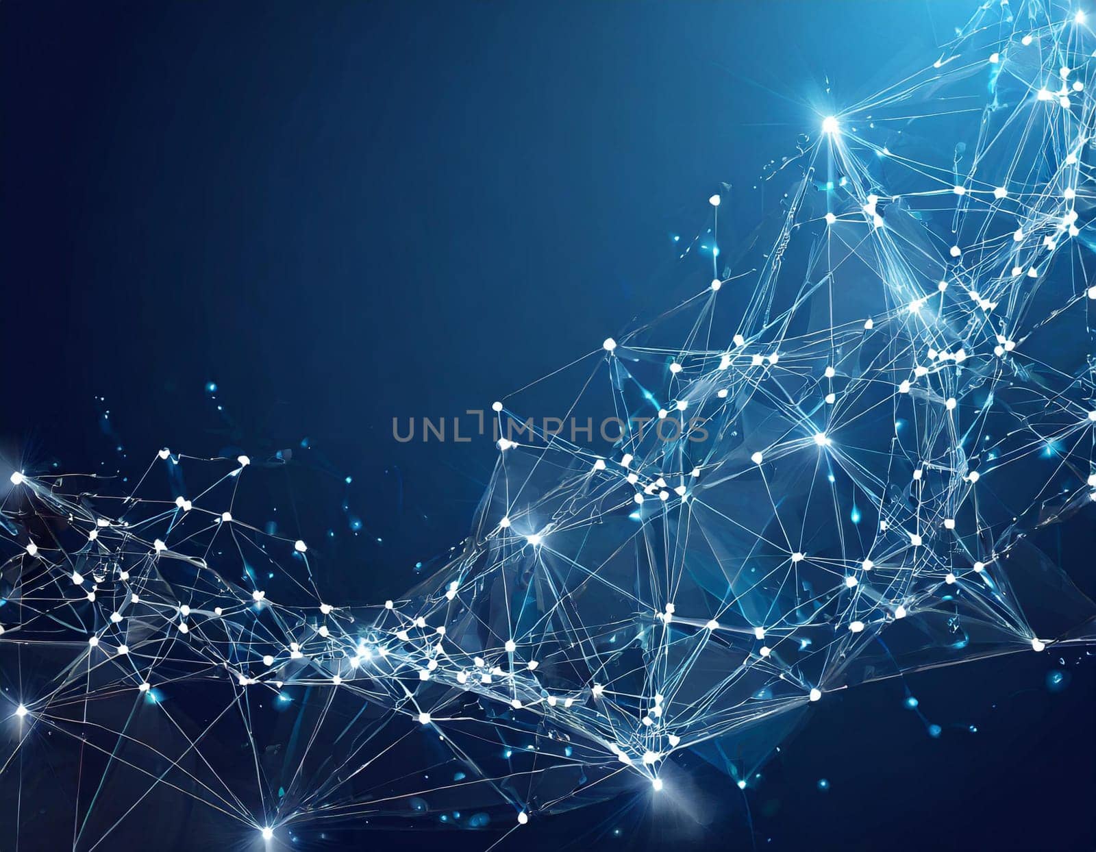 Abstract wireframe mesh with sparkling nodes and crumbling edges on a dark blue background