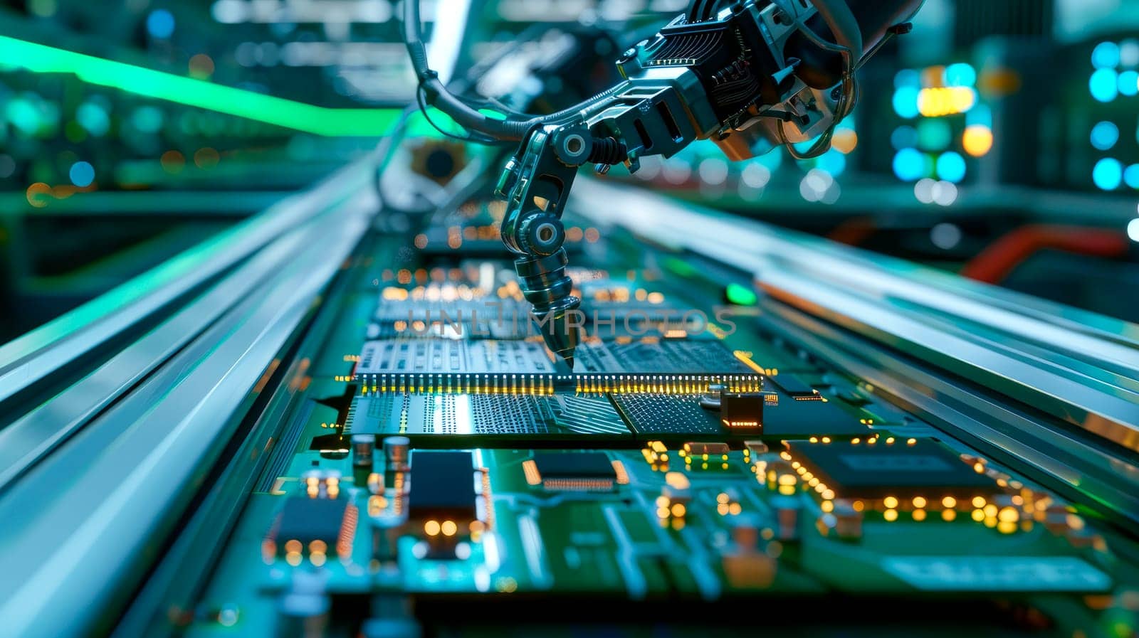 Advanced high precision robotic arm on fully automated PCB assembly line. Electronic devices production industry. AI generated