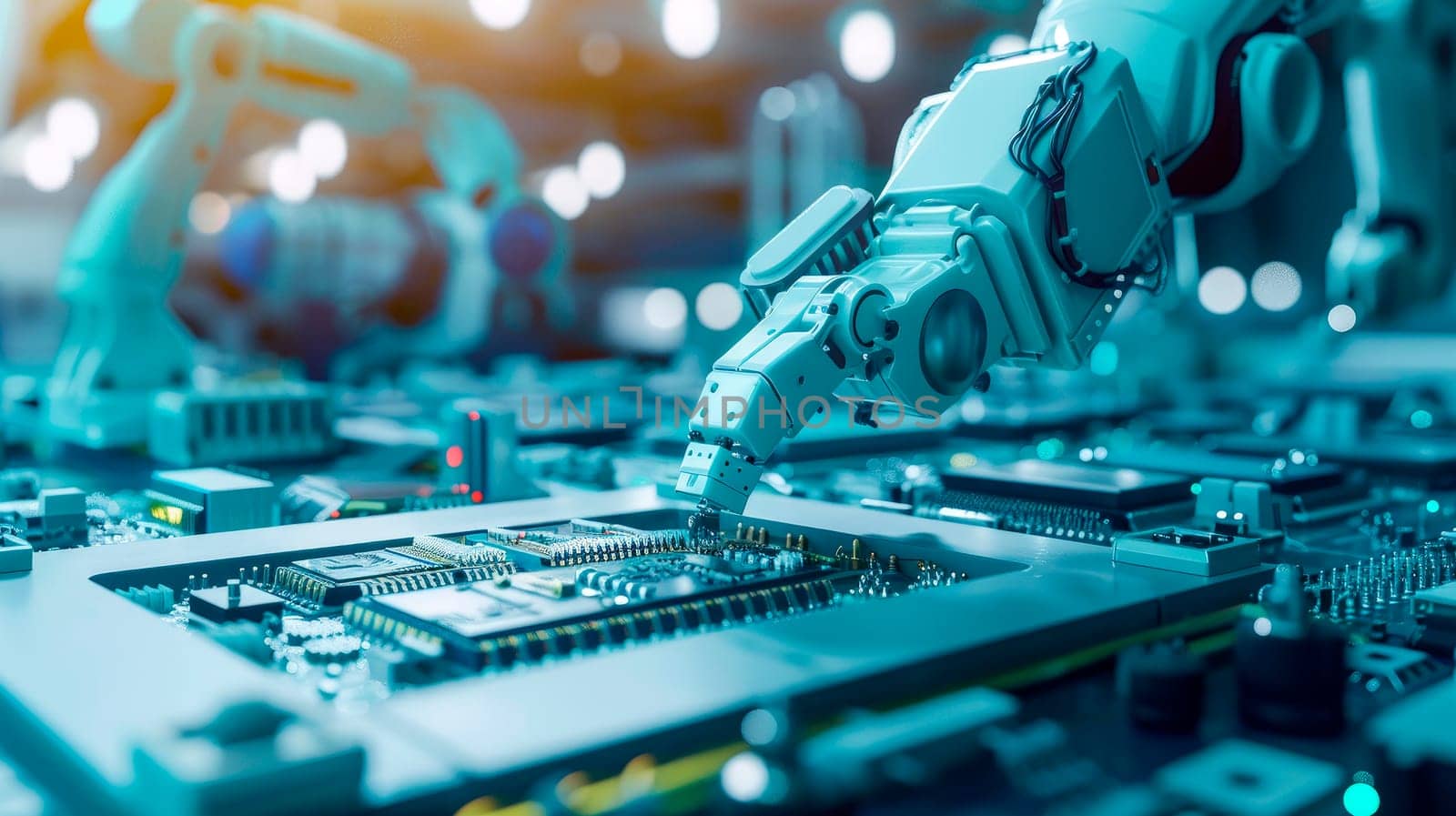 Advanced high precision robotic arm on fully automated PCB assembly line. Electronic devices production industry. AI generated