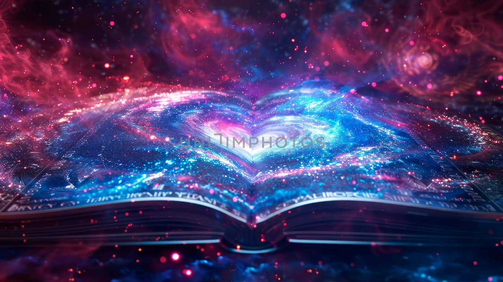Opened magic book with stars, universe and galaxy. Concept of literature, fantasy, religion. AI generated