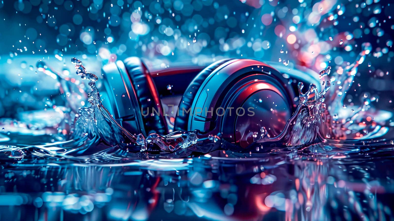 Wireless headphones falling in a water with big splashes. AI generated