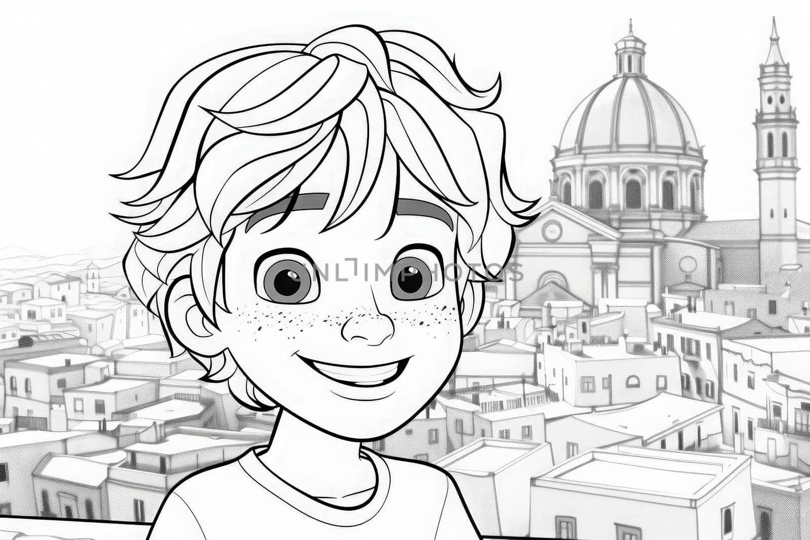 A boy with a playful grin stands before a stylized city, inviting creativity.