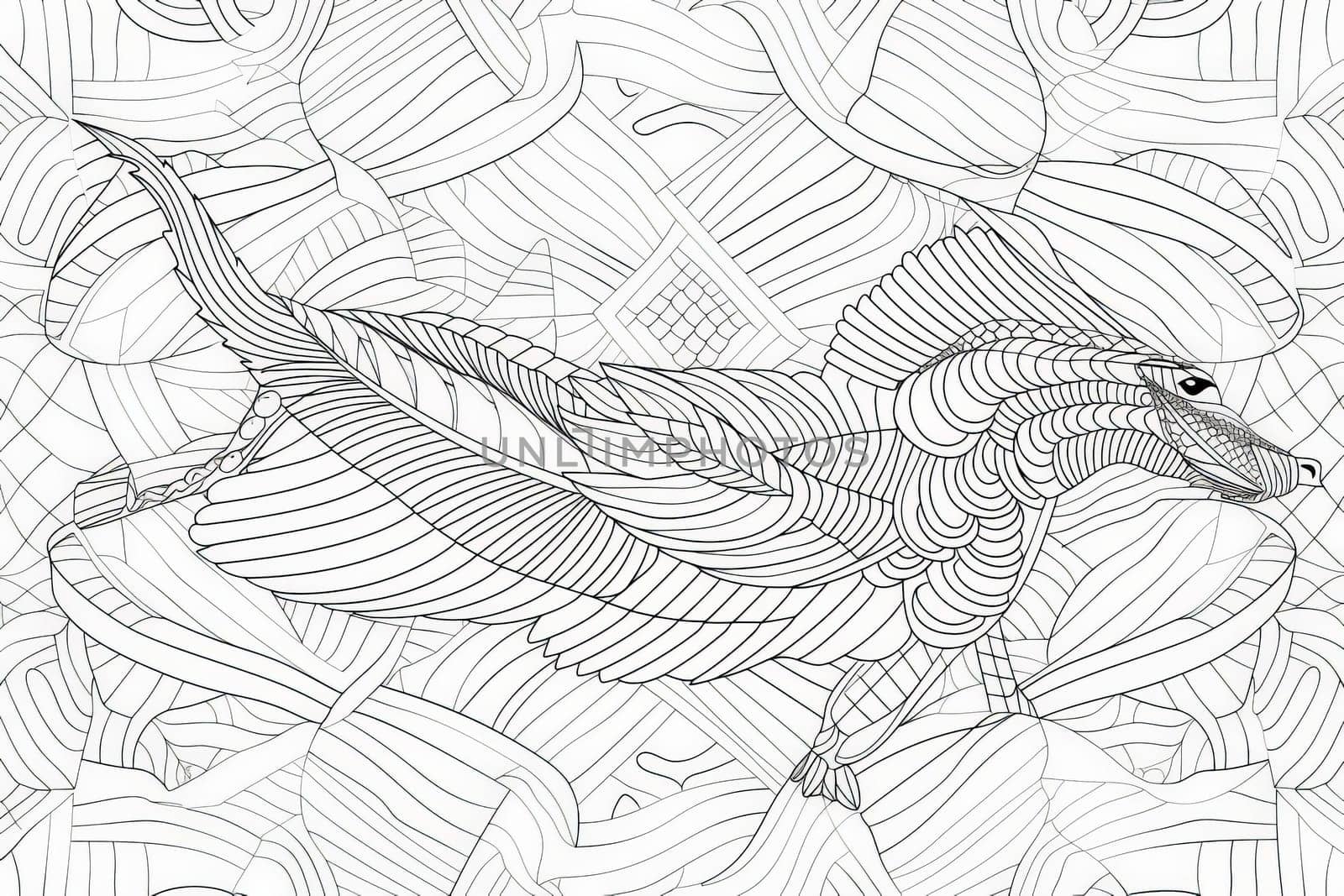 A black and white drawing of a bird gracefully flying through the air in a cartoon style, perfect for coloring pages.